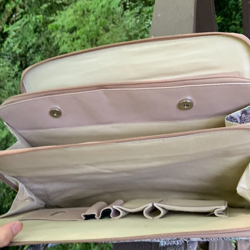 Lodis Snake-Print Laptop Bag in Cream, Brown & Teal